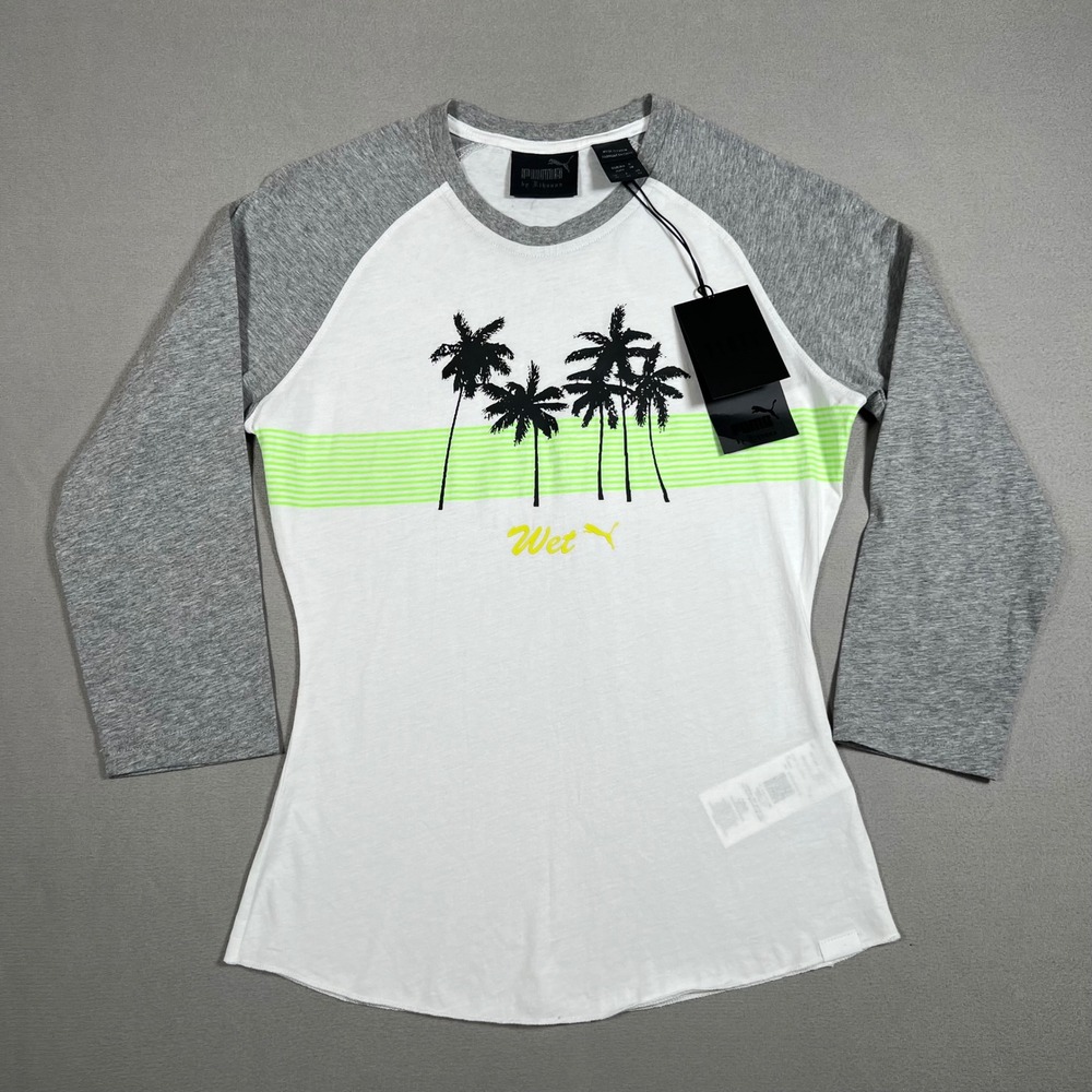 Puma Fenty by Rihanna Palm Tree Raglan Baby Tee White Grey Neon Womens Size M